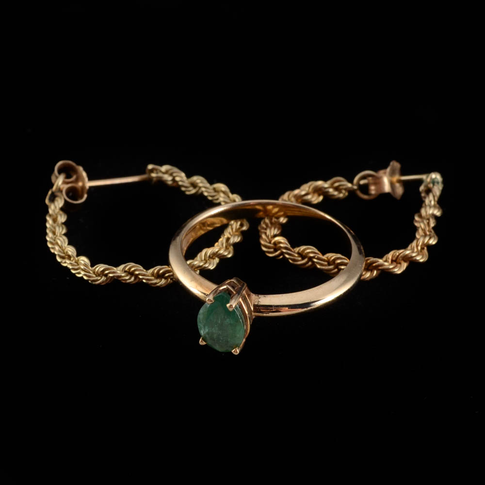 10K Yellow Gold Rope Chain Hoop Earrings and 10K Yellow Gold Emerald Ring
