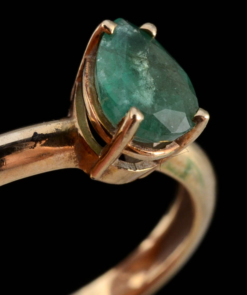 10K Yellow Gold Rope Chain Hoop Earrings and 10K Yellow Gold Emerald Ring