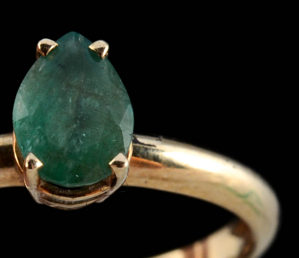 10K Yellow Gold Rope Chain Hoop Earrings and 10K Yellow Gold Emerald Ring