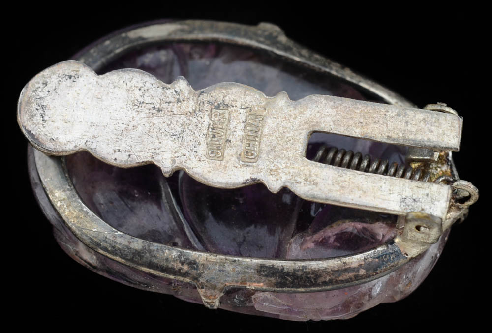 Two Early 20th Century Chinese Export Sterling Silver Rings and Carved Amethyst Dress Clip