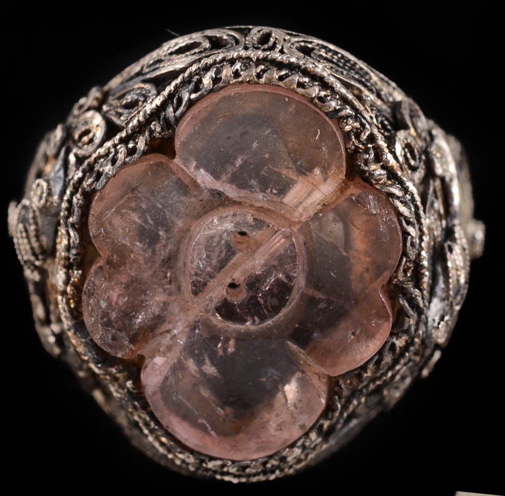 Two Early 20th Century Chinese Export Sterling Silver Rings and Carved Amethyst Dress Clip