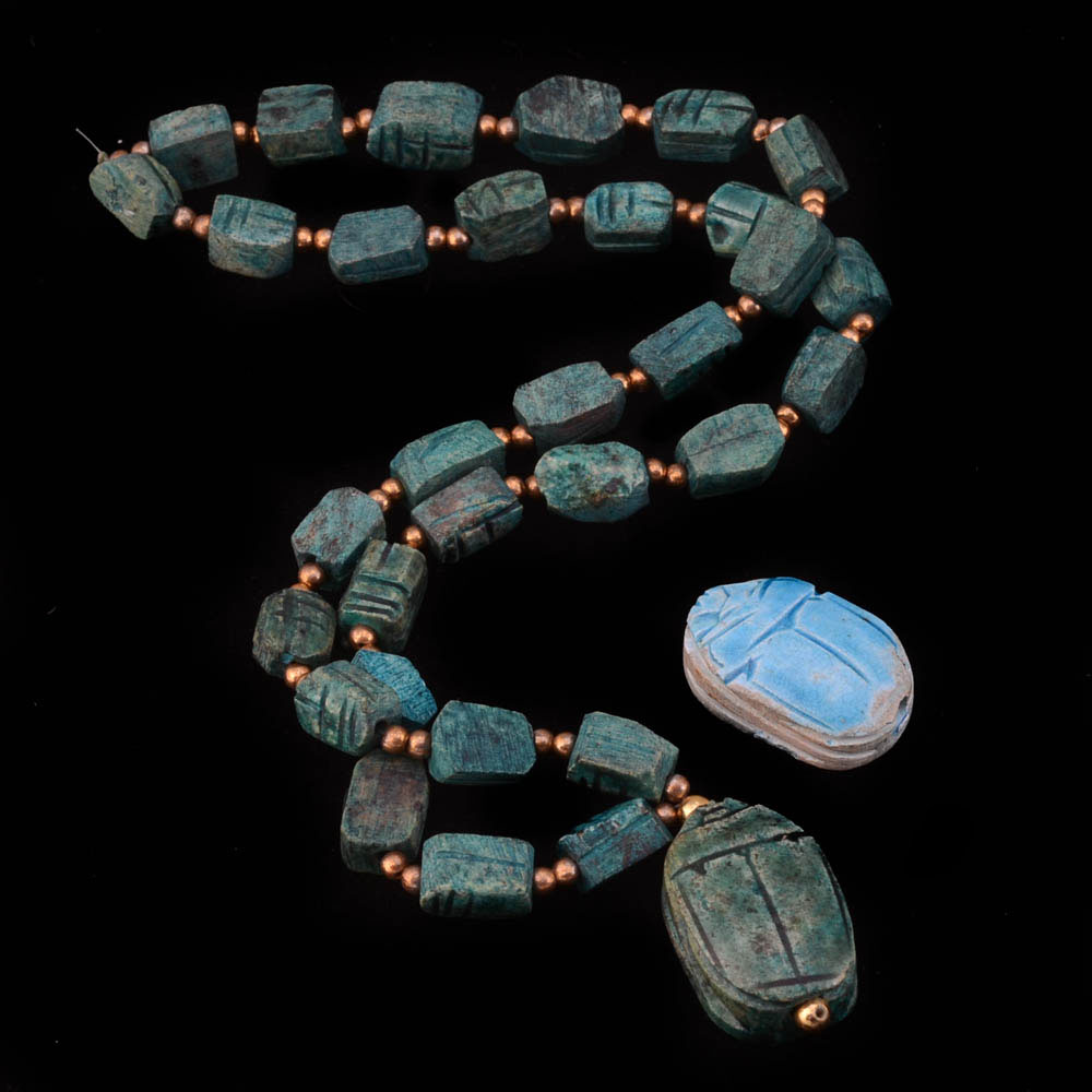 Dyed Imitation Turquoise Scarab Beaded Necklace and a Loose Scarab Ceramic Bead