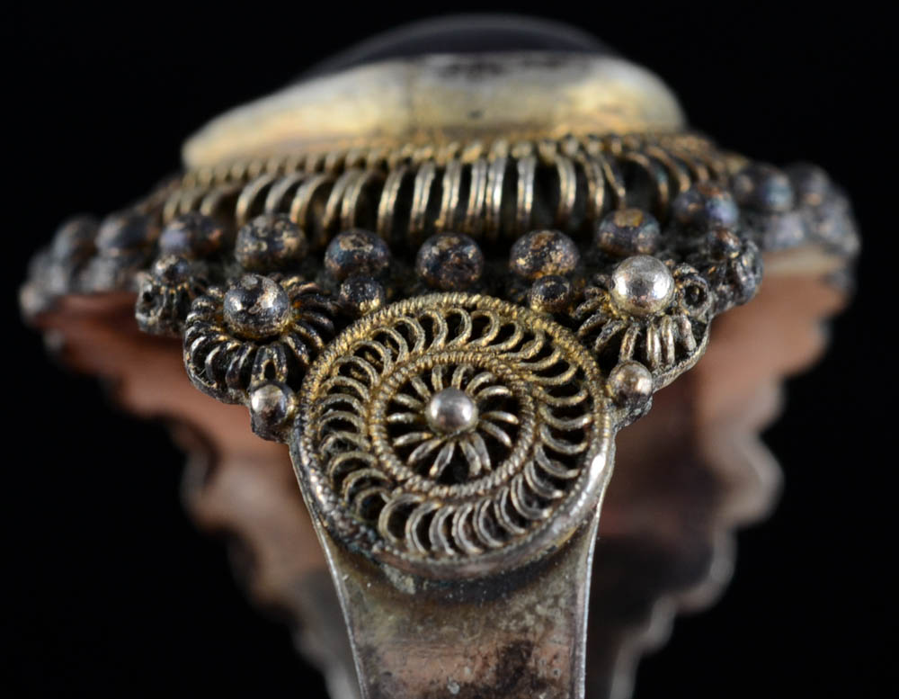 Two Early 20th Century Chinese Export Sterling Silver Rings and Carved Amethyst Dress Clip