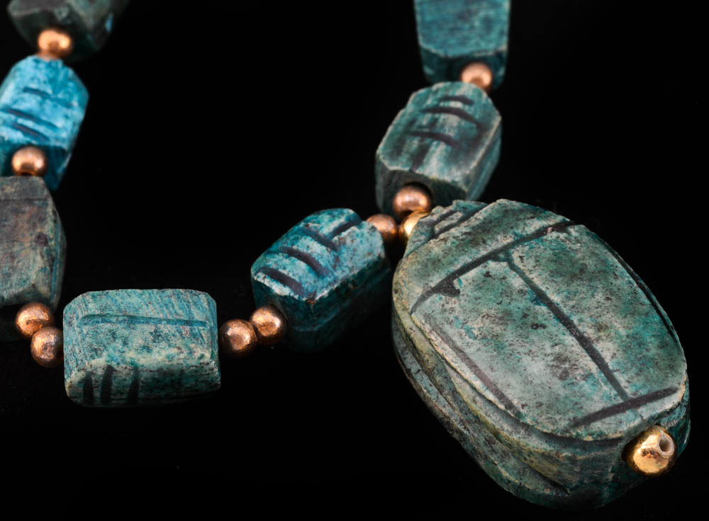 Dyed Imitation Turquoise Scarab Beaded Necklace and a Loose Scarab Ceramic Bead