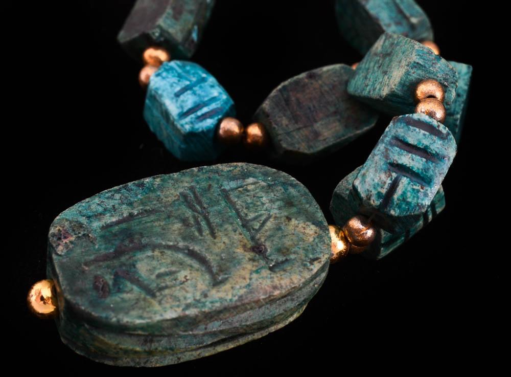 Dyed Imitation Turquoise Scarab Beaded Necklace and a Loose Scarab Ceramic Bead