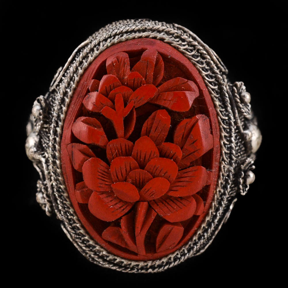 Early 20th Century Chinese Export 890 Silver Filigree and Carved Cinnabar Ring