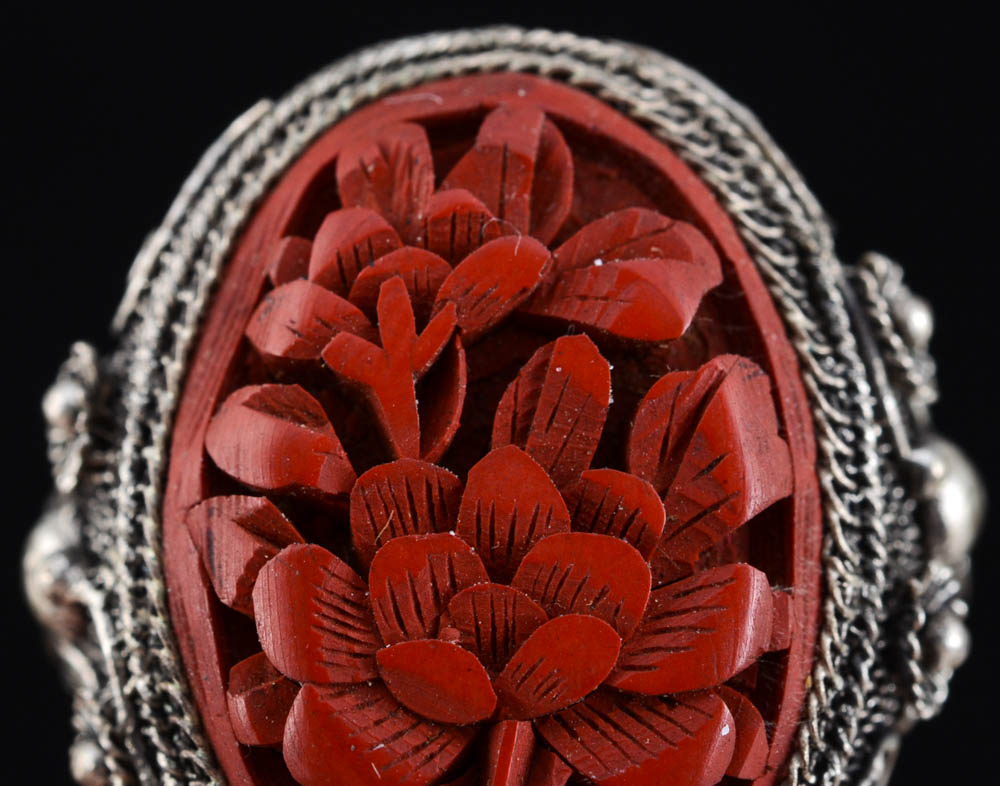 Early 20th Century Chinese Export 890 Silver Filigree and Carved Cinnabar Ring