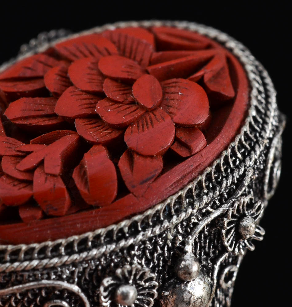 Early 20th Century Chinese Export 890 Silver Filigree and Carved Cinnabar Ring