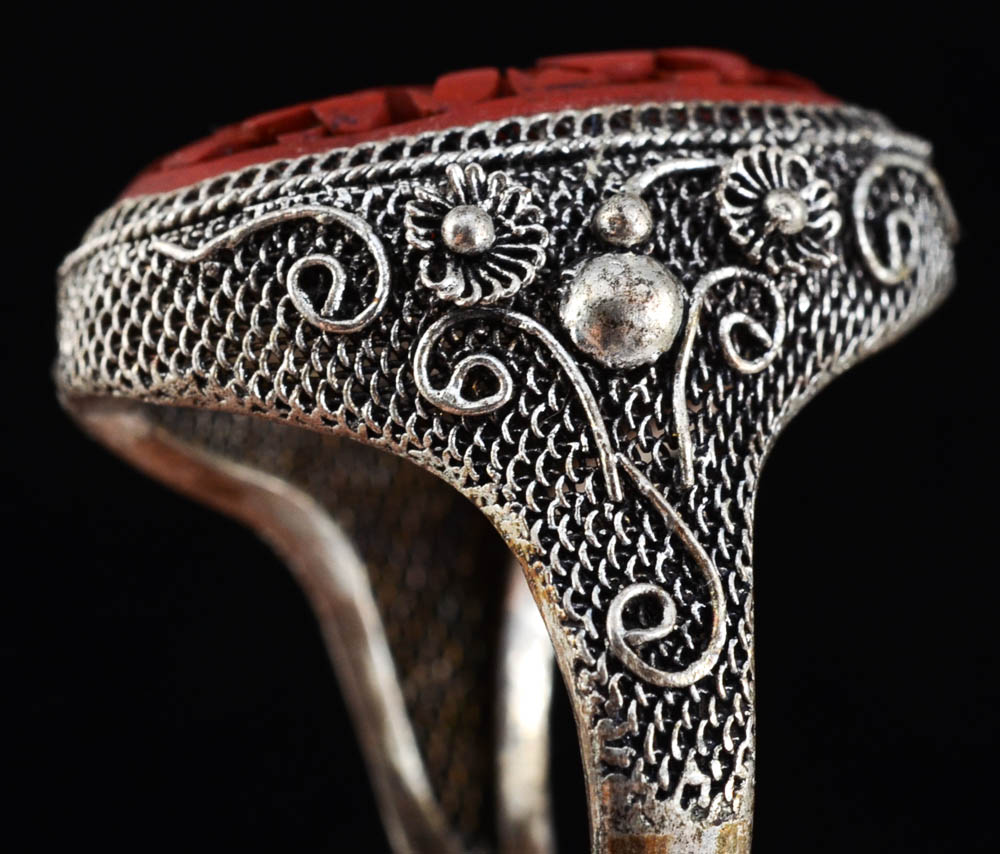 Early 20th Century Chinese Export 890 Silver Filigree and Carved Cinnabar Ring