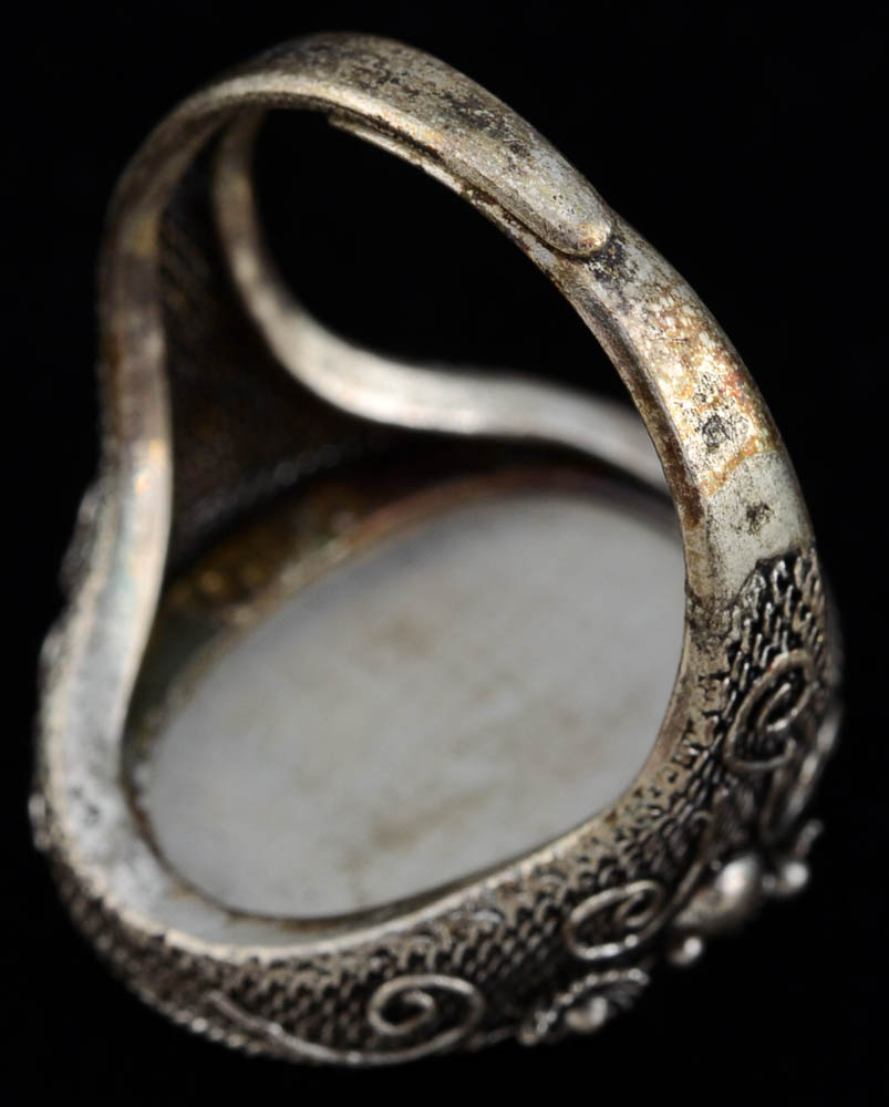 Early 20th Century Chinese Export 890 Silver Filigree and Carved Cinnabar Ring