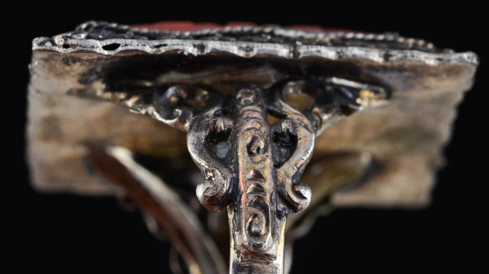 Early 20th Century Chinese Export 900 Silver Filigree and Carved Cinnabar Ring