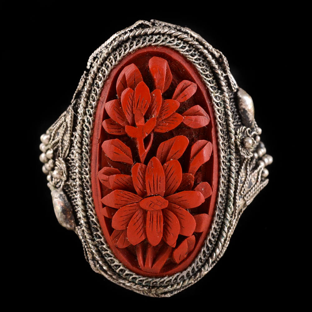 Early 20th Century Chinese Export Sterling Silver Filigree and Carved Cinnabar Ring