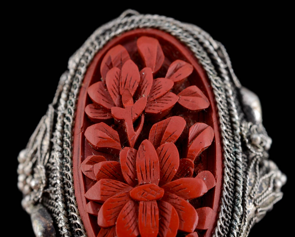 Early 20th Century Chinese Export Sterling Silver Filigree and Carved Cinnabar Ring