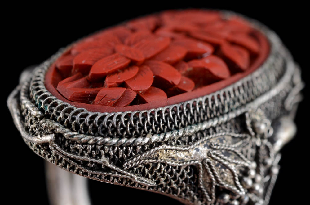 Early 20th Century Chinese Export Sterling Silver Filigree and Carved Cinnabar Ring
