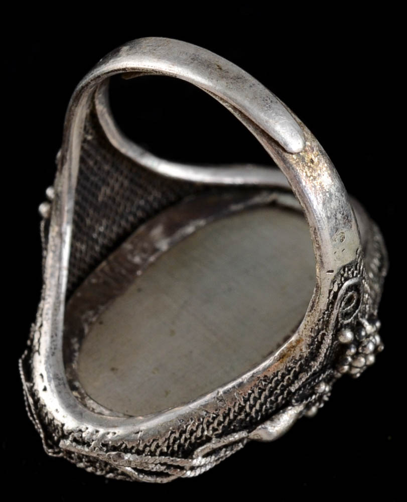 Early 20th Century Chinese Export Sterling Silver Filigree and Carved Cinnabar Ring