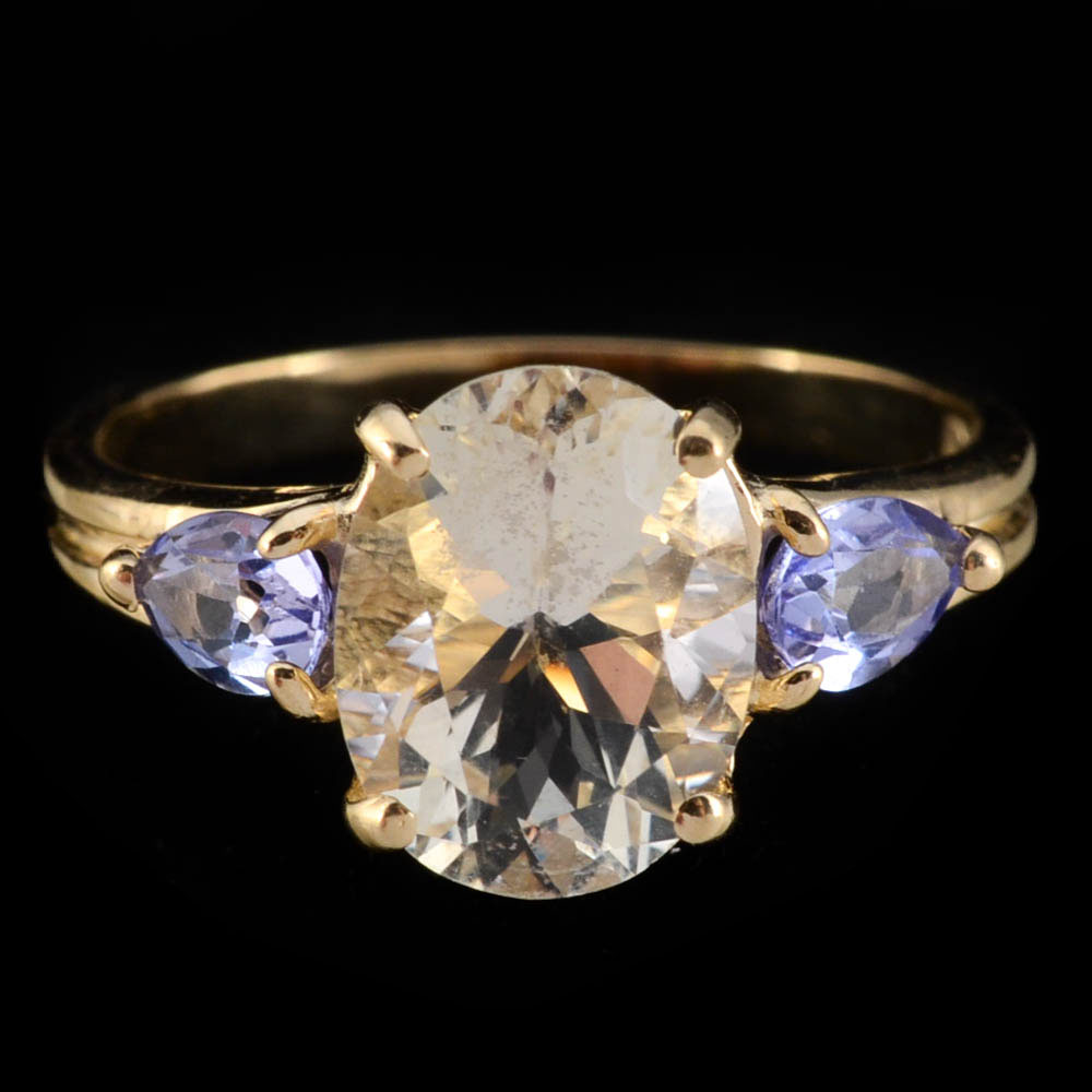 14K Yellow Gold Labradorite Feldspar and Tanzanite Ring