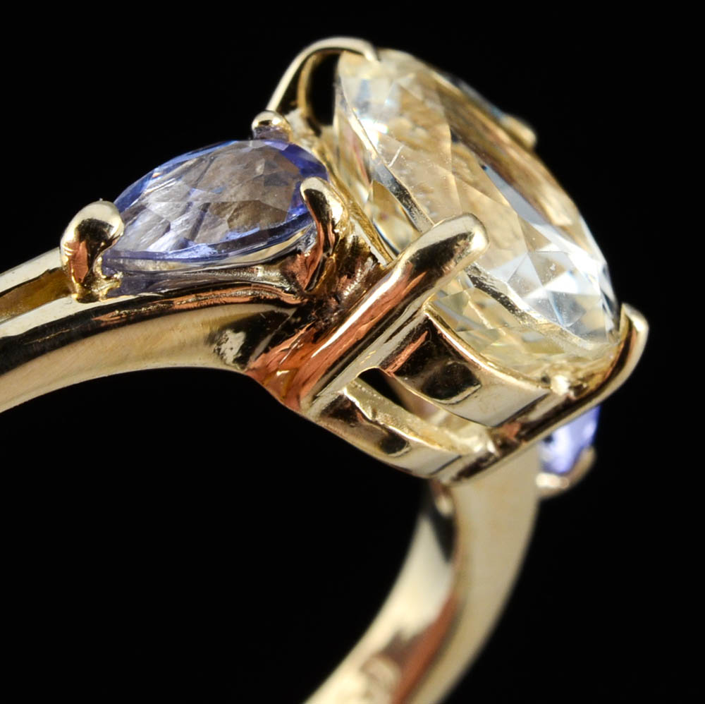 14K Yellow Gold Labradorite Feldspar and Tanzanite Ring