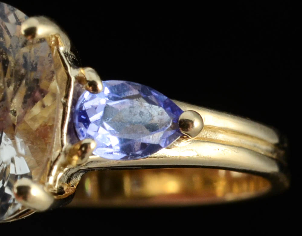14K Yellow Gold Labradorite Feldspar and Tanzanite Ring