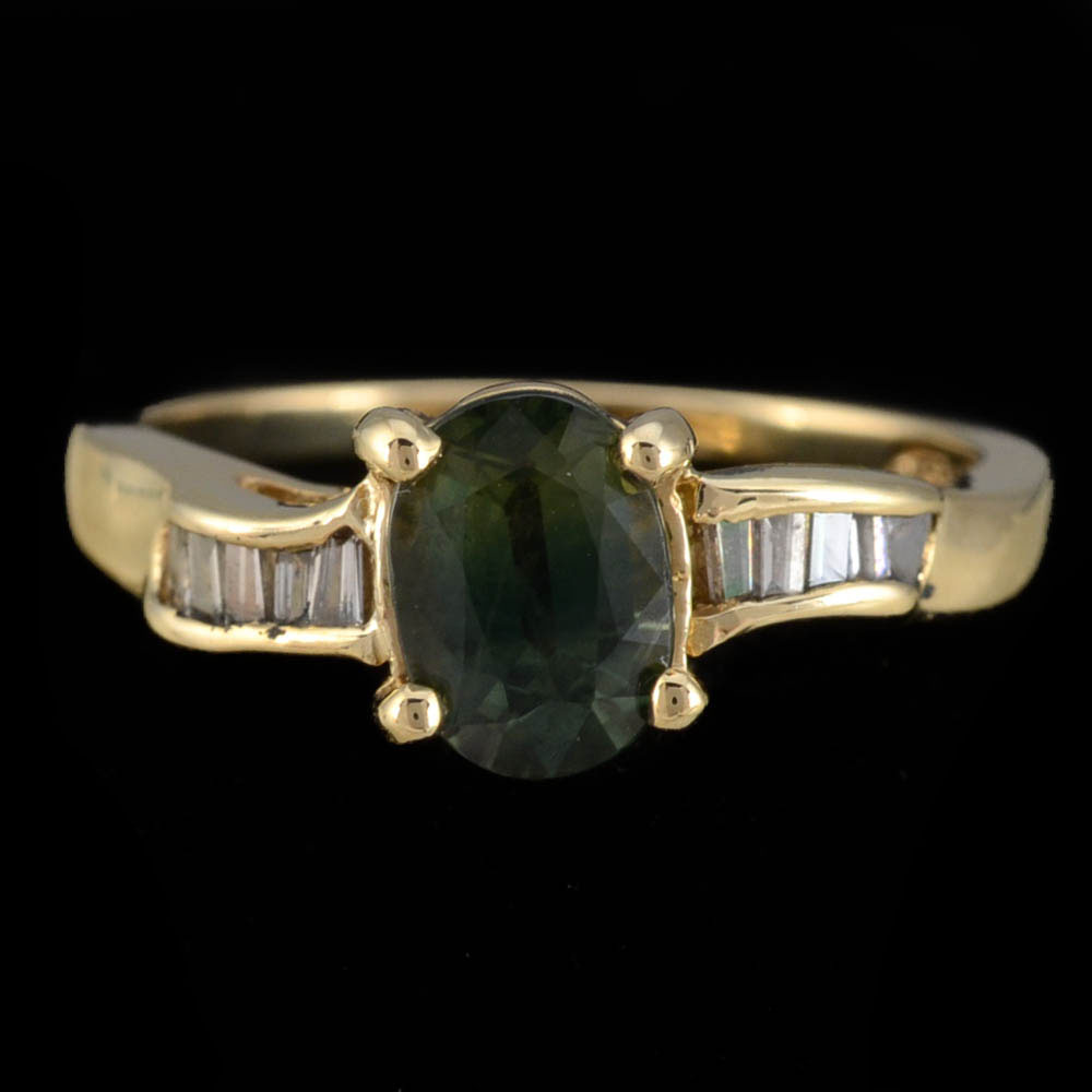 14K Yellow Gold Green Sapphire and Diamond Ring