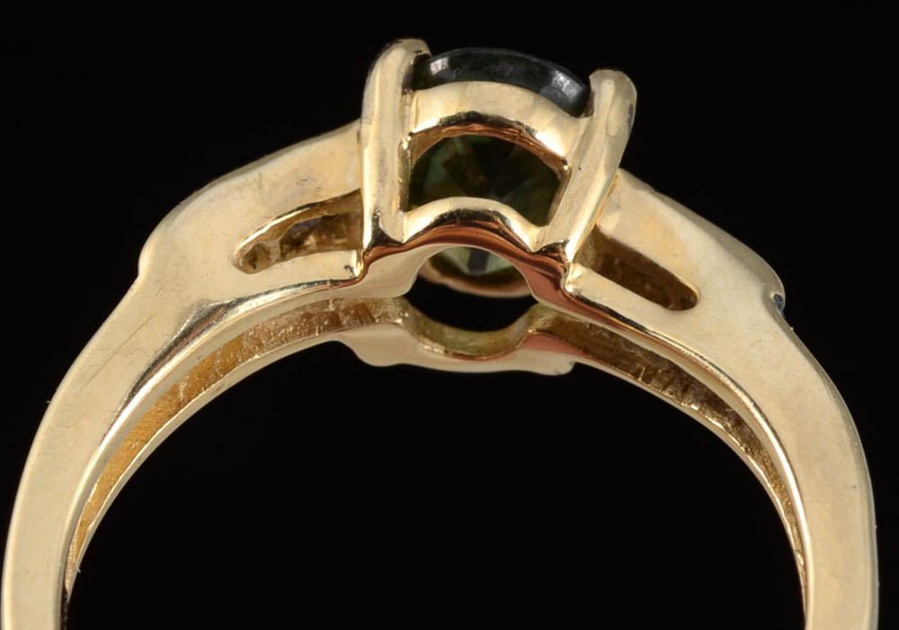 14K Yellow Gold Green Sapphire and Diamond Ring