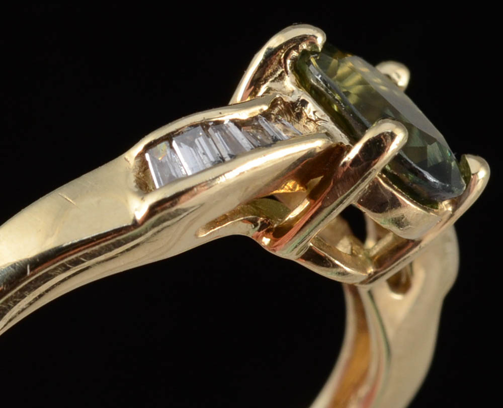 14K Yellow Gold Green Sapphire and Diamond Ring