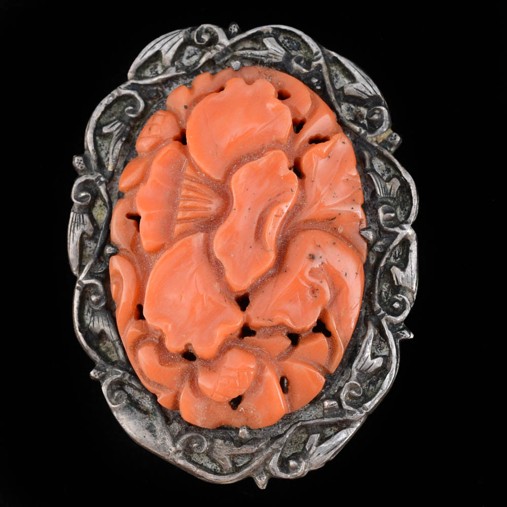 Early 20th Century Chinese Export 880 Silver and Carved Coral Dress Clip
