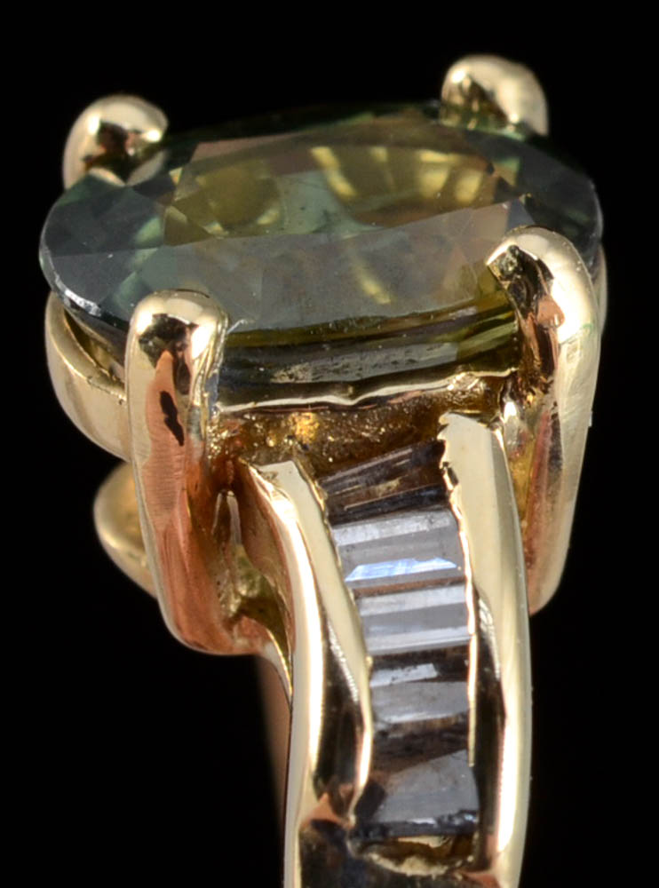 14K Yellow Gold Green Sapphire and Diamond Ring