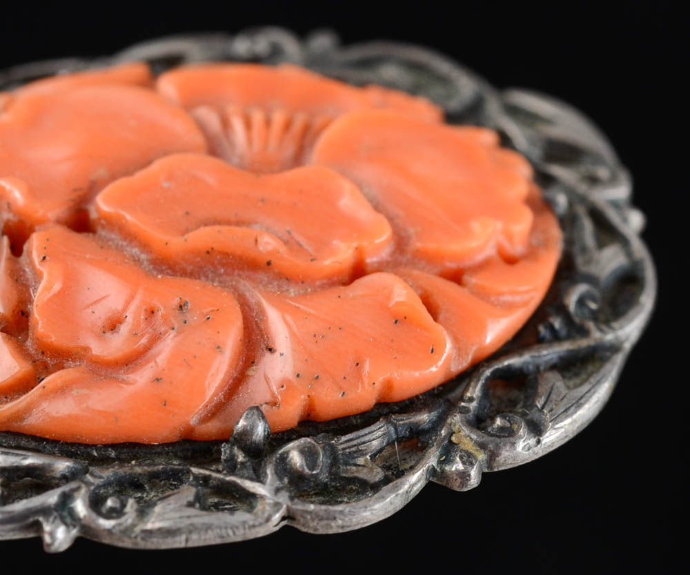 Early 20th Century Chinese Export 880 Silver and Carved Coral Dress Clip