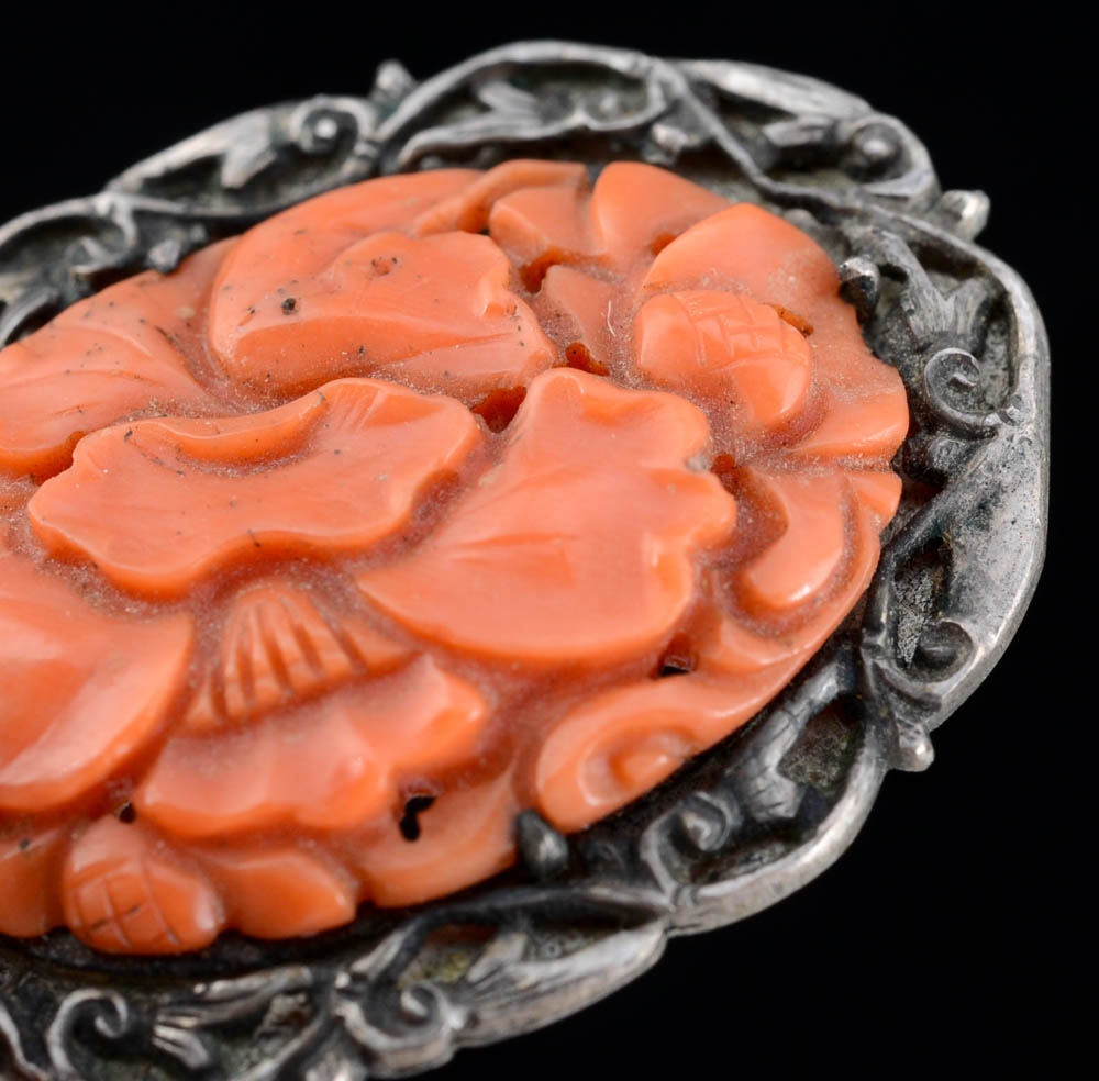 Early 20th Century Chinese Export 880 Silver and Carved Coral Dress Clip