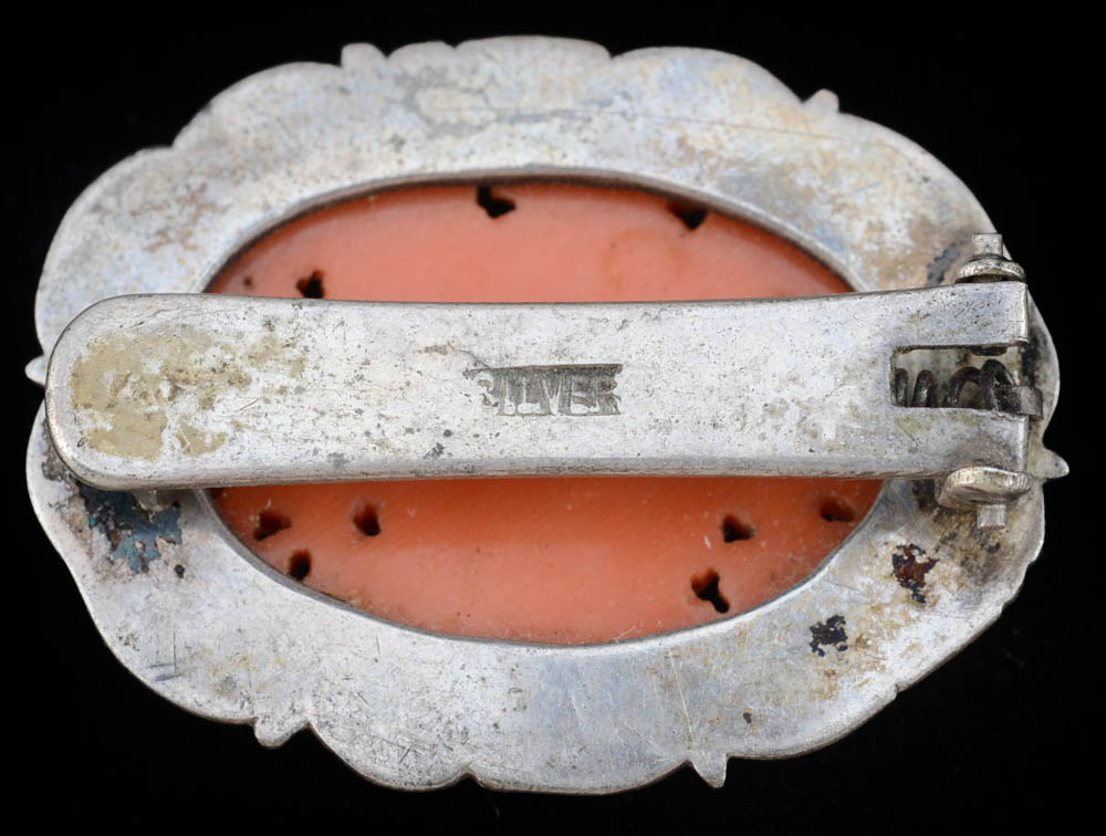 Early 20th Century Chinese Export 880 Silver and Carved Coral Dress Clip