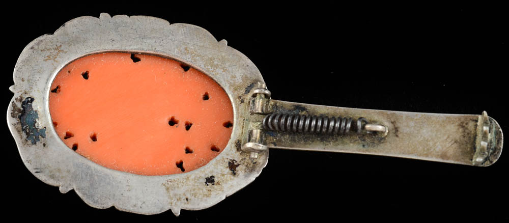 Early 20th Century Chinese Export 880 Silver and Carved Coral Dress Clip