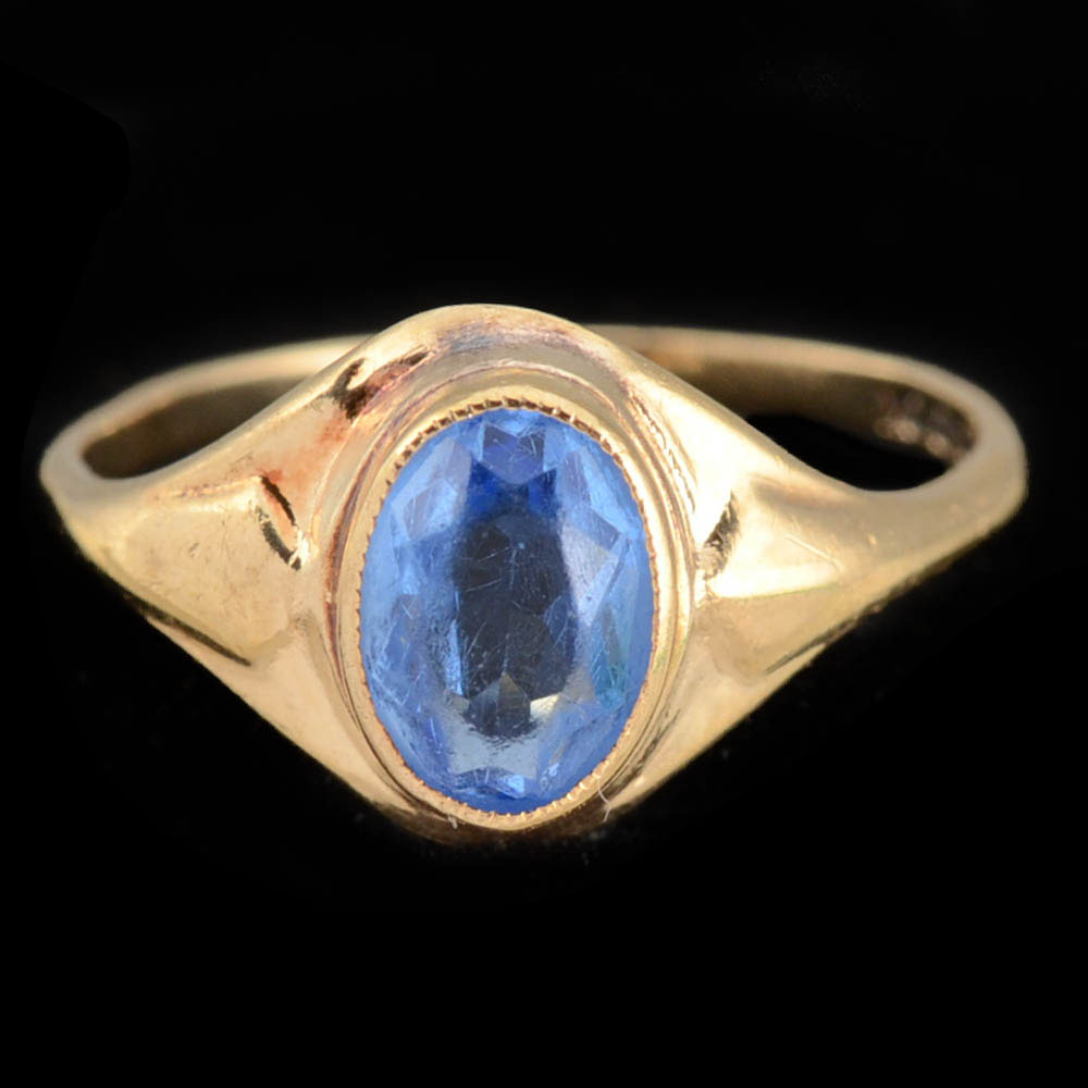 10K Yellow Gold Ring with Blue Glass Stone