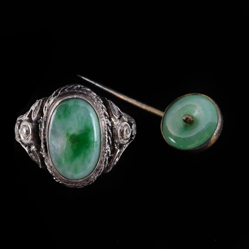 Early 20th Century Chinese Export Sterling Silver and Carved Jadeite Filigree Ring and an 830 Silver Stick Pin