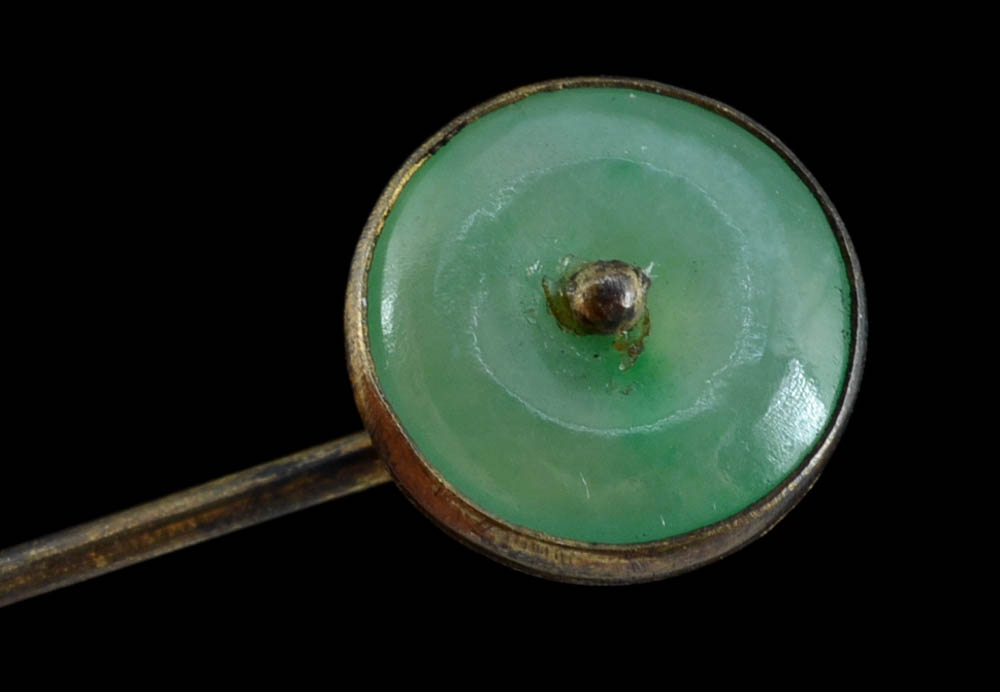 Early 20th Century Chinese Export Sterling Silver and Carved Jadeite Filigree Ring and an 830 Silver Stick Pin