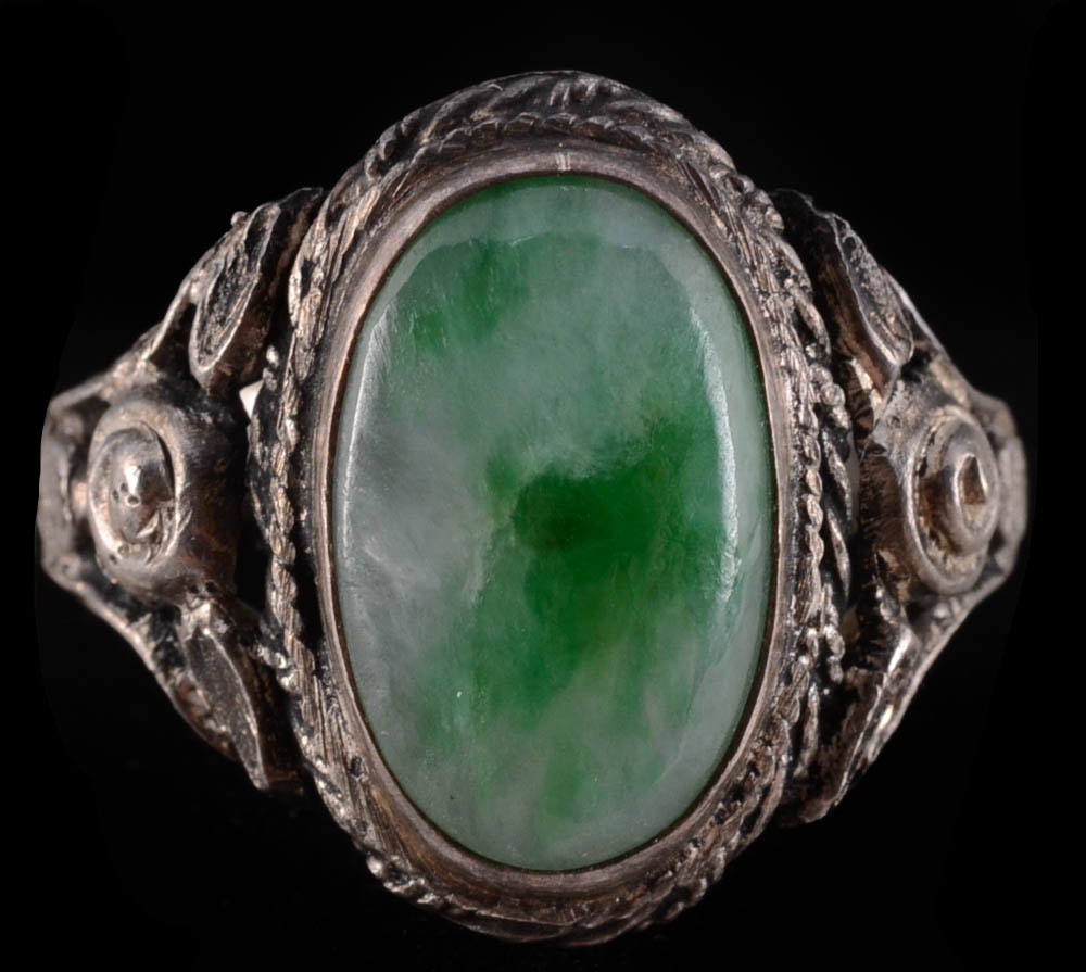 Early 20th Century Chinese Export Sterling Silver and Carved Jadeite Filigree Ring and an 830 Silver Stick Pin