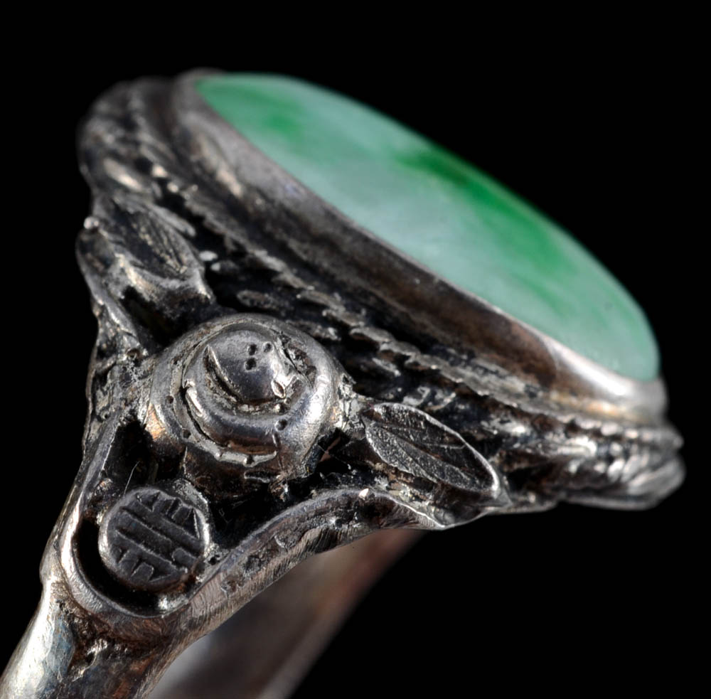 Early 20th Century Chinese Export Sterling Silver and Carved Jadeite Filigree Ring and an 830 Silver Stick Pin