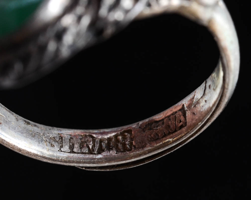 Early 20th Century Chinese Export Sterling Silver and Carved Jadeite Filigree Ring and an 830 Silver Stick Pin