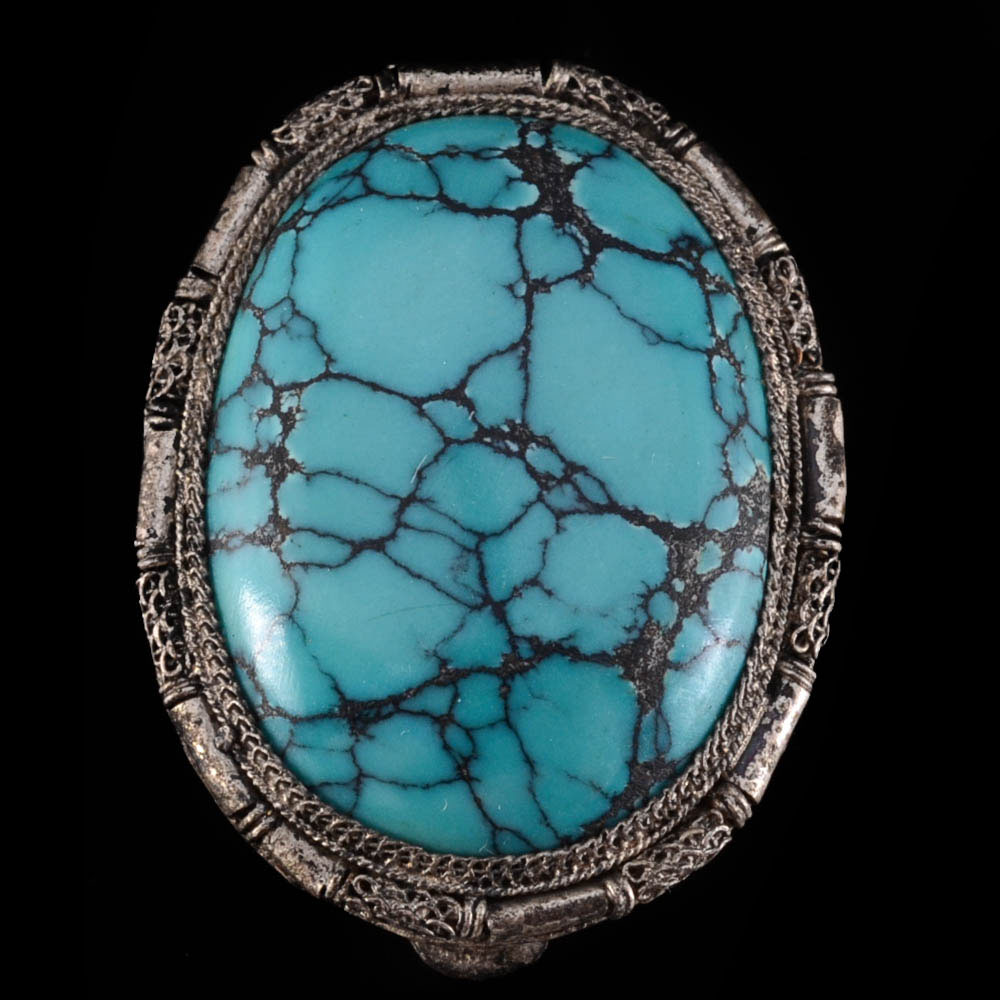 Early 20th Century Chinese Export Turquoise Dress Clip in Nickel Plate Brass