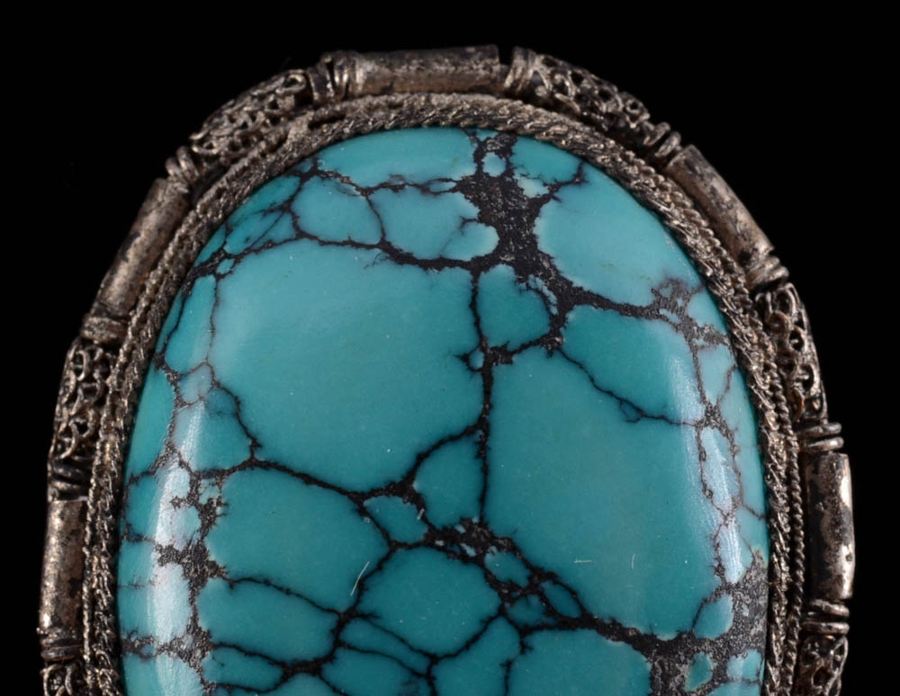 Early 20th Century Chinese Export Turquoise Dress Clip in Nickel Plate Brass