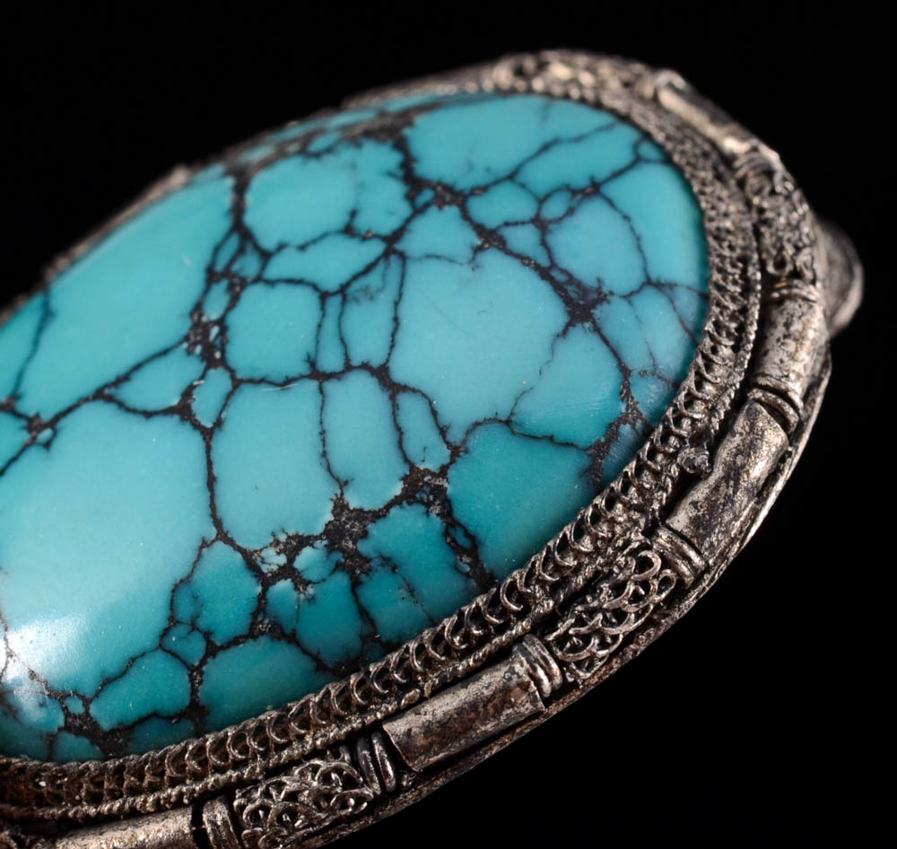 Early 20th Century Chinese Export Turquoise Dress Clip in Nickel Plate Brass