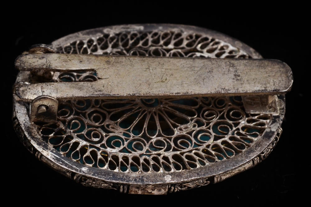 Early 20th Century Chinese Export Turquoise Dress Clip in Nickel Plate Brass