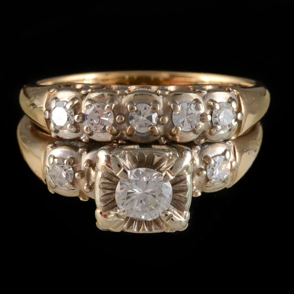 14K Yellow Gold and Diamond Wedding Ring Set