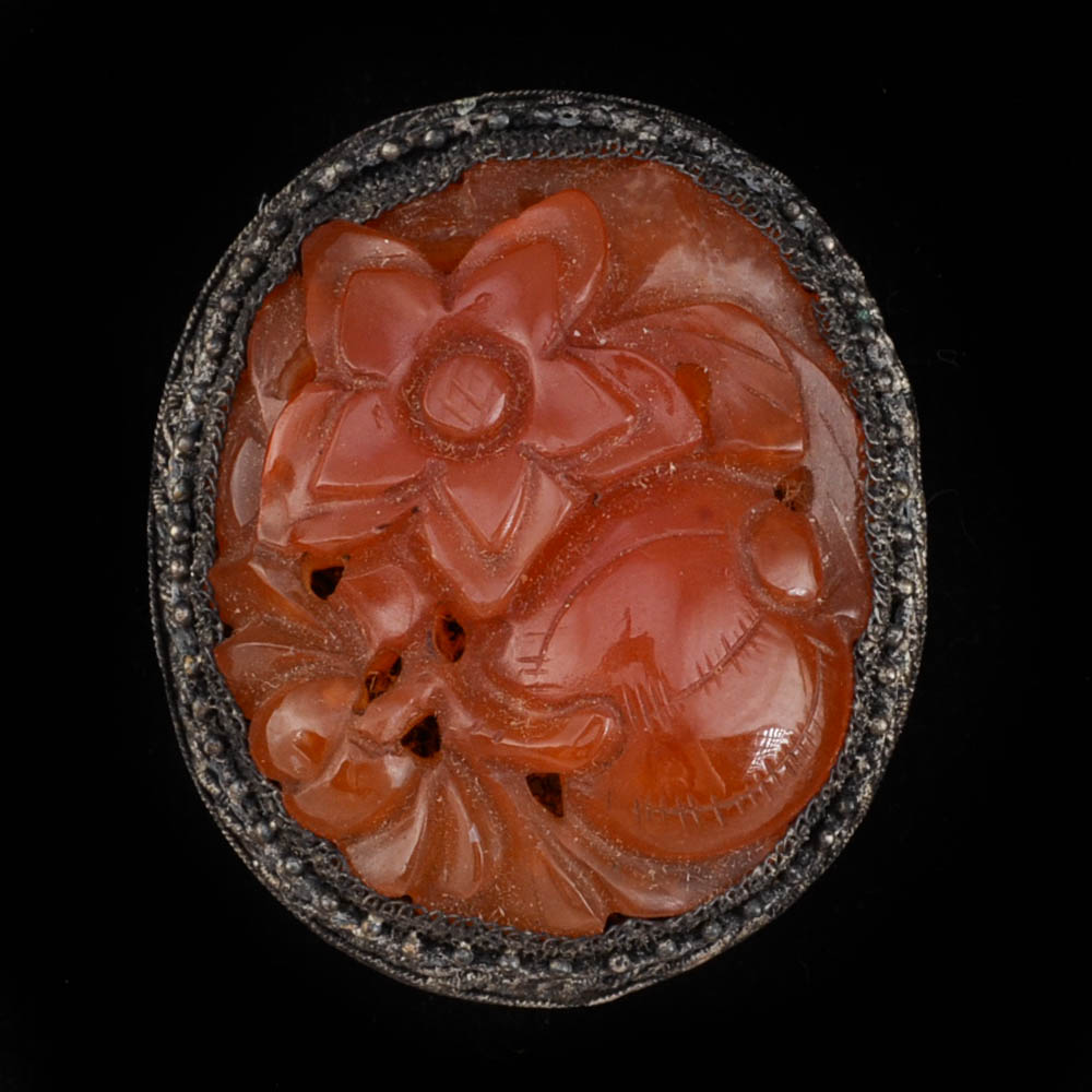 Early 20th Century Chinese Export 900 Silver and Carved Carnelian Dress Clip