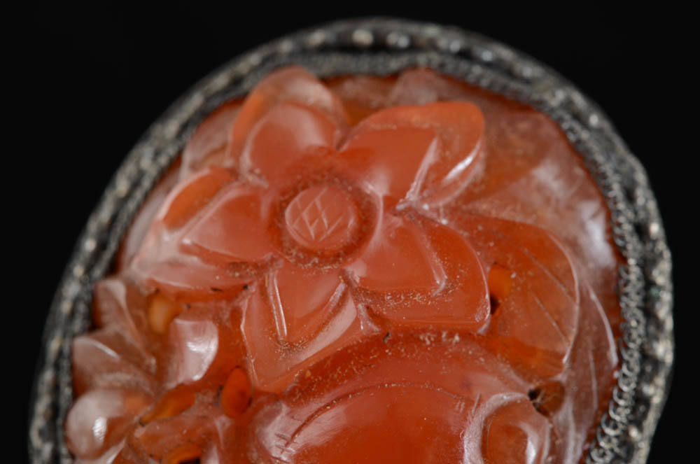 Early 20th Century Chinese Export 900 Silver and Carved Carnelian Dress Clip