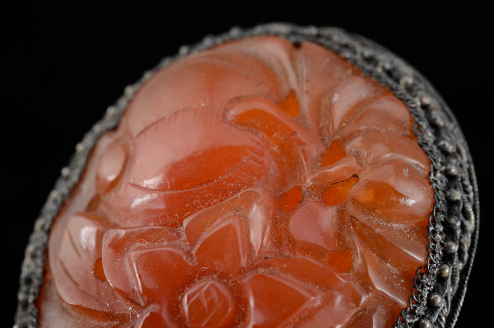 Early 20th Century Chinese Export 900 Silver and Carved Carnelian Dress Clip