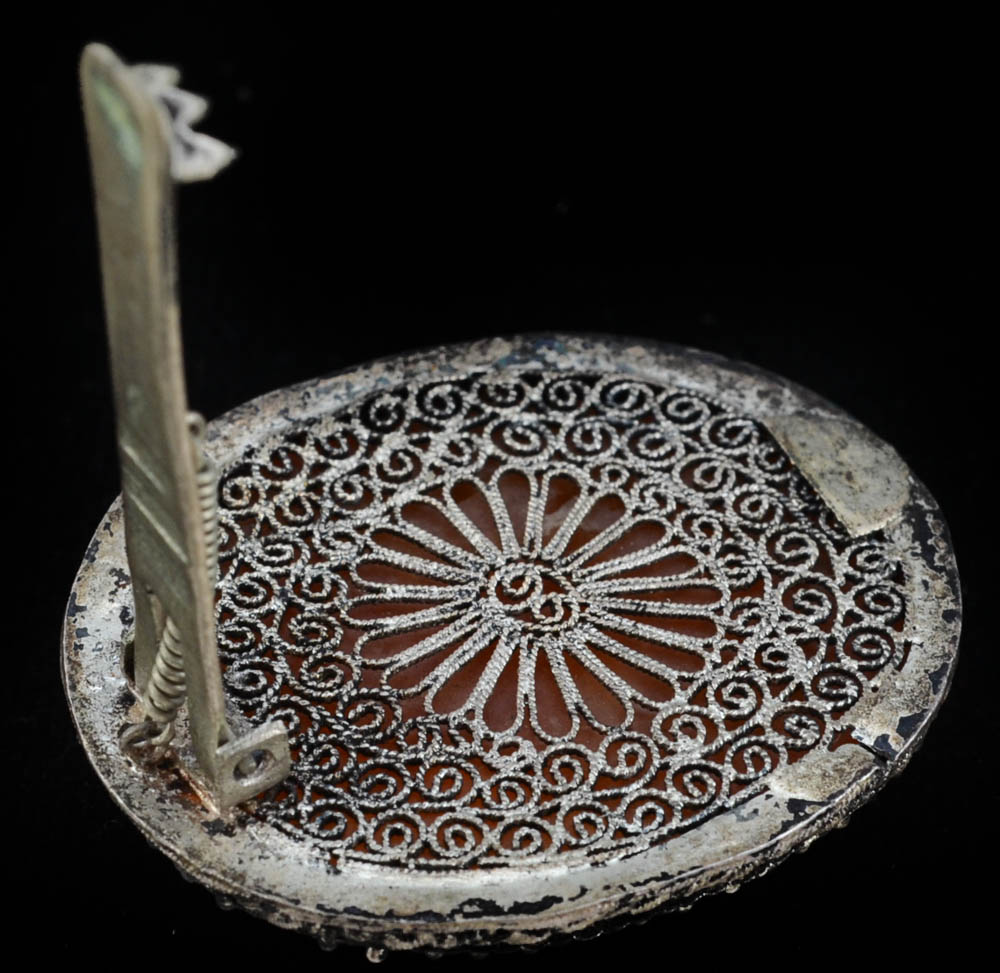 Early 20th Century Chinese Export 900 Silver and Carved Carnelian Dress Clip