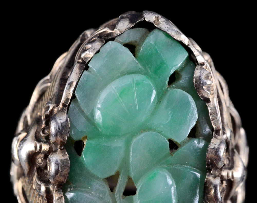 Early 20th Century Chinese Export 850 Silver and Carved Jadeite Openwork Ring