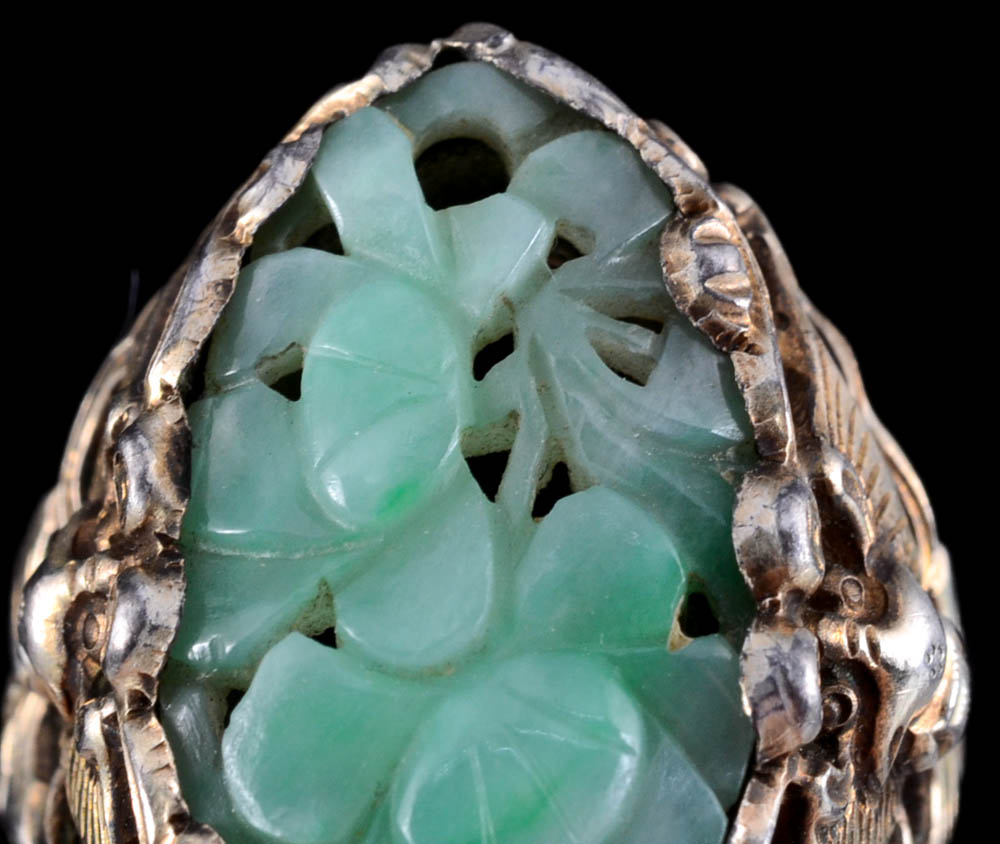 Early 20th Century Chinese Export 850 Silver and Carved Jadeite Openwork Ring