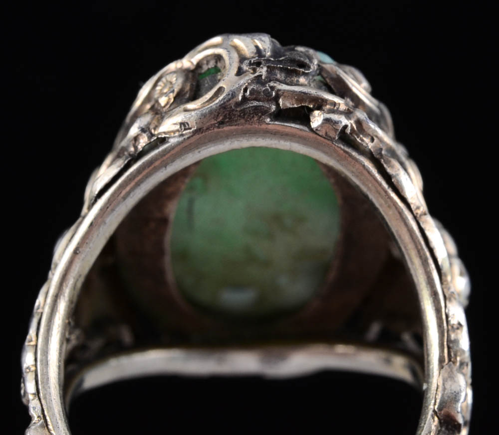 Early 20th Century Chinese Export 850 Silver and Carved Jadeite Openwork Ring