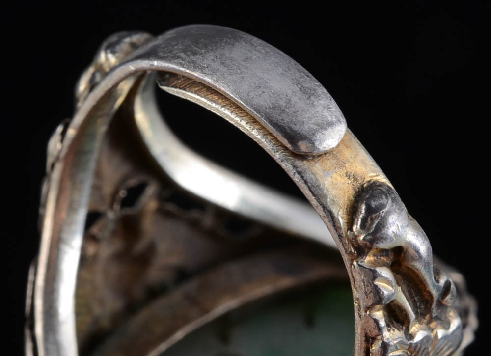Early 20th Century Chinese Export 850 Silver and Carved Jadeite Openwork Ring